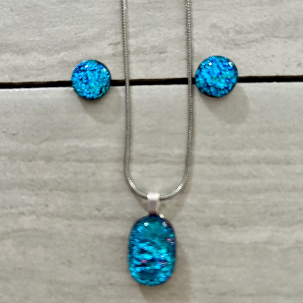 Blue dichroic fused glass pendant and earrings set